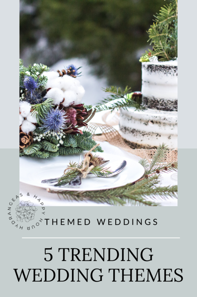 Image for a blog about themed weddings.  Image includes a picture of a winter themed wedding table.