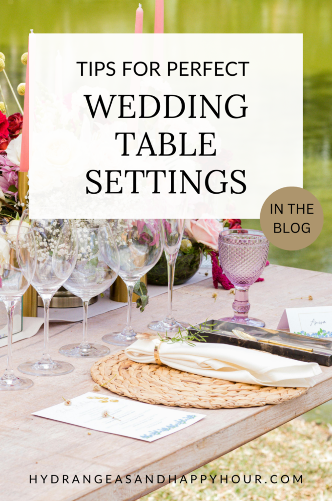 Image for a blog about wedding table settings.  A rattan placemat, napkin and glassware on a wood table.