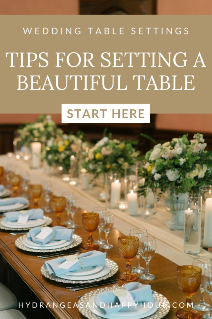 Image for a blog about wedding table settings.  A rattan placemat, napkin and glassware on a wood table.